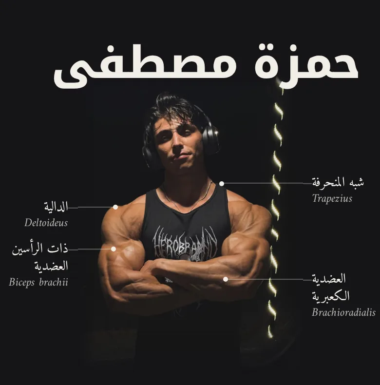 The hero at phone width: the name in large white Arabic type, then an arms-crossed portrait on a black ground with four thin leader lines running from the edges to dots on the shoulder, trapezius, biceps and forearm, each labelled in Arabic with the Latin name in italic beneath.